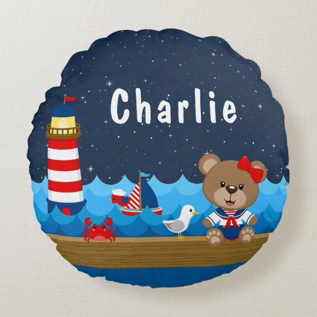 Coussins Ronds Ours de fille nautique rouge et marine (Devant)
