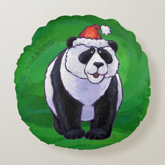 Coussins Ronds Ours de panda à Santa Hat sur Vert (Devant)