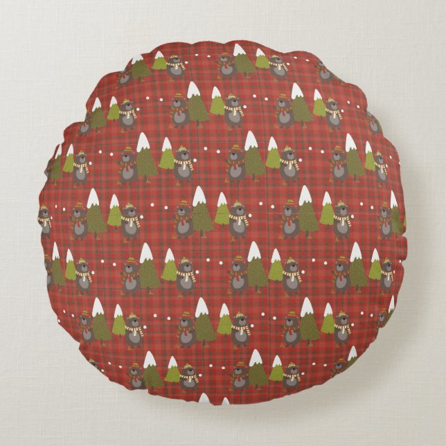 Coussins Ronds Ours d'hiver Blanc Noël Rouge Buffle Plaid (Devant)