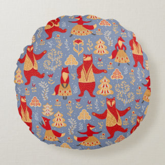 Coussins Ronds Ours et renards dansant dans une coulisse forestiè