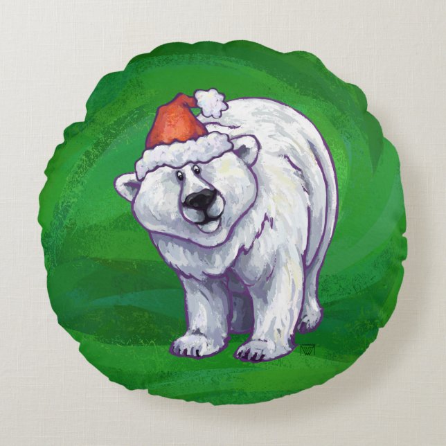 Coussins Ronds Ours polaire Noël sur vert (Devant)