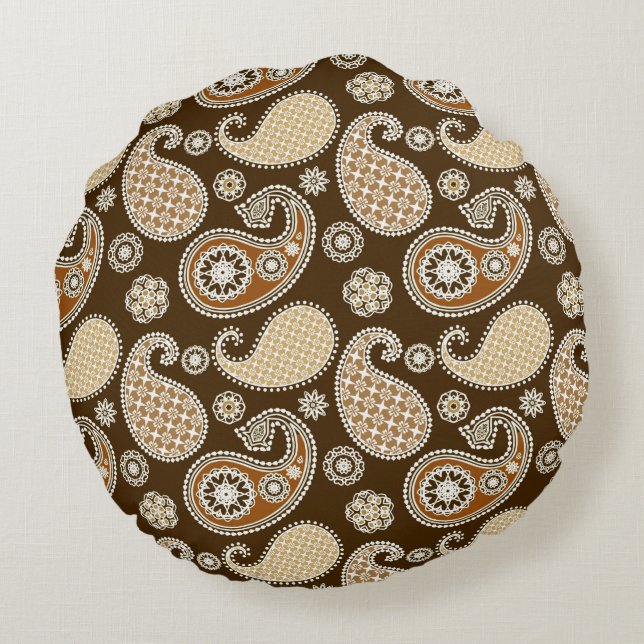 Coussins Ronds Paisley motif, Chocolat Brown et Tan (Dos)