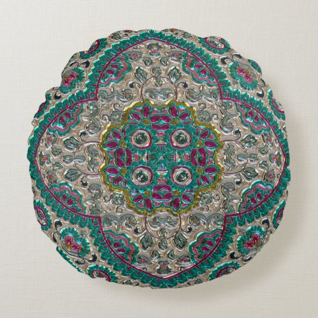 Coussins Ronds Paisley motif floral turquoise rose argent bohème (Devant)
