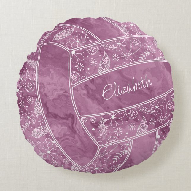 Coussins Ronds paislies plumes fleurs prune motif volleyball (Devant)