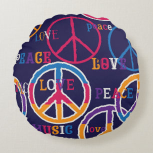 Coussins Ronds Paix hippie : Conception de symboles vibrants.