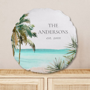 Coussins Ronds Palmier Tropical Personnalisé Feuilles Plage Bleue