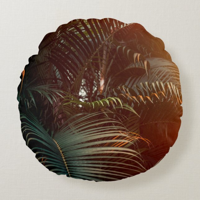 Coussins Ronds Palmier vert foncé profond feuille motif avec lumi (Devant)