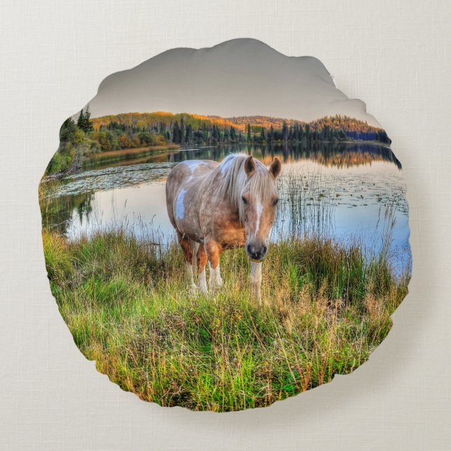 Coussins Ronds Palomino Pinto Paint Stallion au bord d'un lac (Dos)