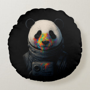 Coussins Ronds Panda astronaute avec éclaboussure de peinture néo