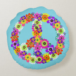 Coussins Ronds Panneau de paix Floral en bleu