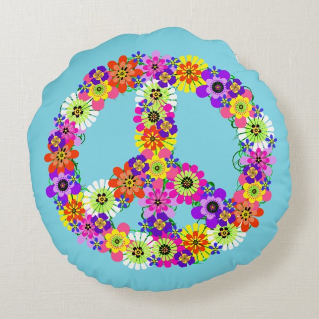 Coussins Ronds Panneau de paix Floral en bleu (Dos)