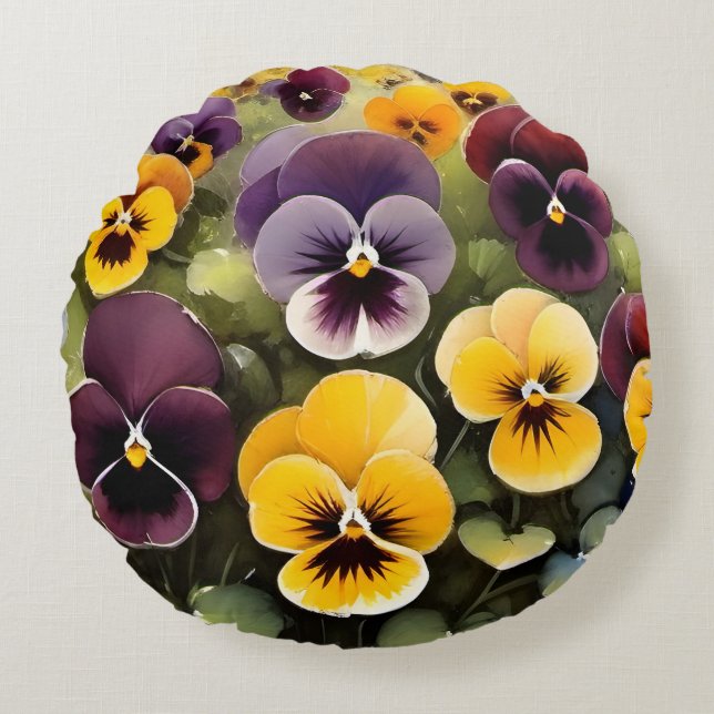 Coussins Ronds Pansies jaunes et violets aquarelle (Devant)