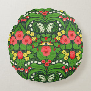 Coussins Ronds Pansies rouges, oiseaux et papillons