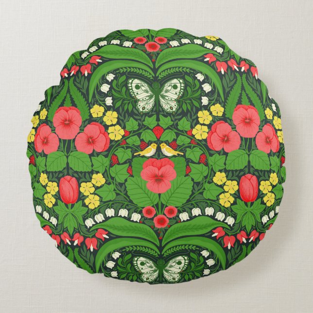 Coussins Ronds Pansies rouges, oiseaux et papillons (Devant)