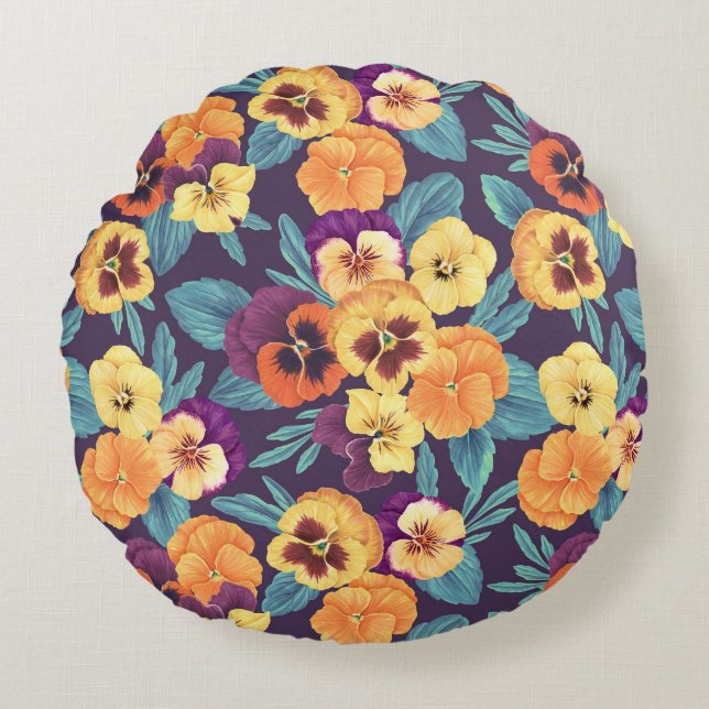 Coussins Ronds Pansies sur violet de prune (Devant)