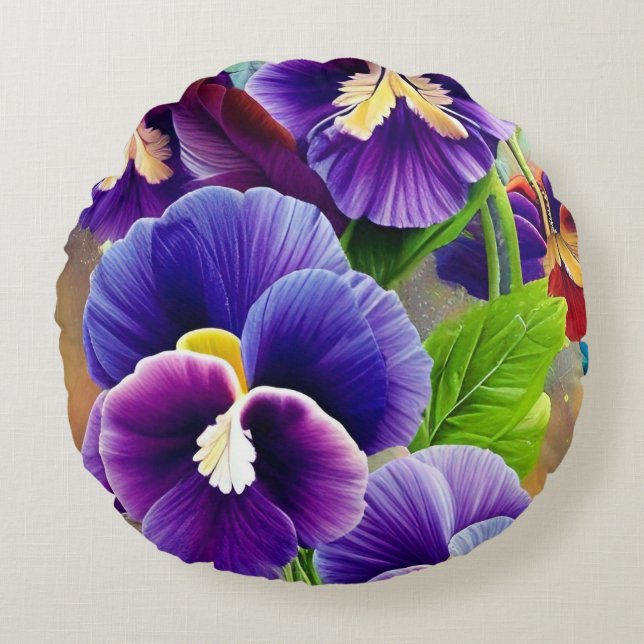 Coussins Ronds Pansies violettes -AI ART (Devant)