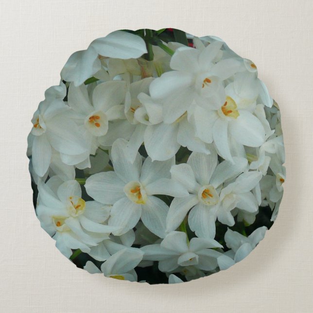 Coussins Ronds Paperwhite Narcissus Fleurs blanches délicates (Devant)