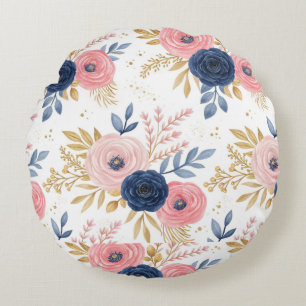 Coussins Ronds Papier d'emballage floral rose poudré et bleu mari
