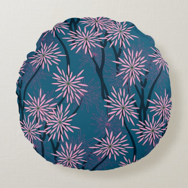 Coussins Ronds Papier peint floral : bleu marine asiatique, rose. (Devant)