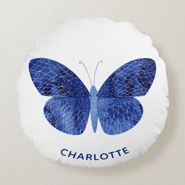 Coussins Ronds Papillon d'aquarelle bleu personnalisé (Devant)