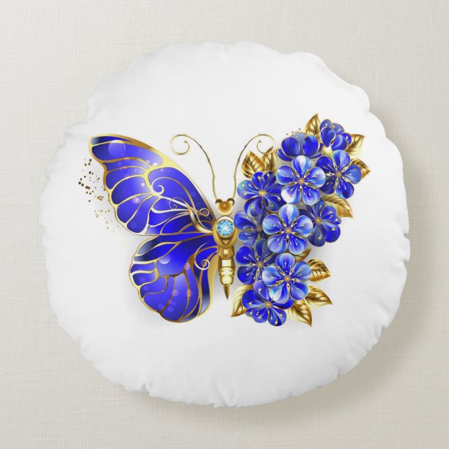 Coussins Ronds Papillon saphir à fleurs (Devant)