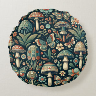 Coussins Ronds Papillons de couleur vintage, champignons et feuil
