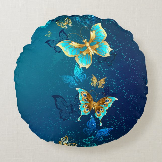 Coussins Ronds Papillons d'or sur un Arrière - plan bleu (Devant)