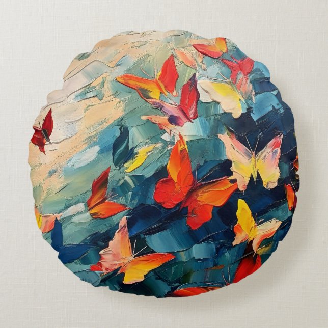 Coussins Ronds Papillons en mouvement – Vol abstrait expressif (Devant)