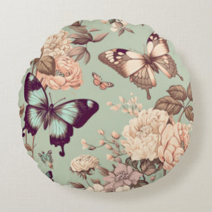 Coussins Ronds Papillons et fleurs vert pastel