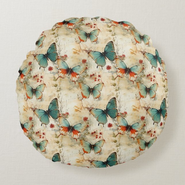 Coussins Ronds Papillons et fleurs Vintages colorés (3) (Devant)
