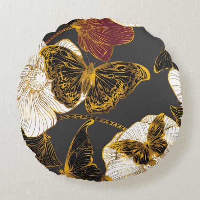 Coussins Ronds Papillons & Fleurs : Motif Boho de printemps (Devant)