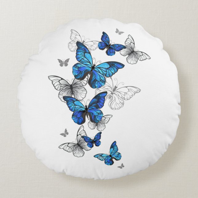Coussins Ronds Papillons volants bleus Morpho (Devant)