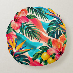 Coussins Ronds Paradis de l'Hibiscus Tropical Art Botanique