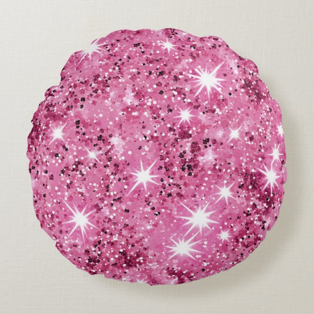 Coussins Ronds Parties scintillant de séquence des étoiles roses  (Devant)