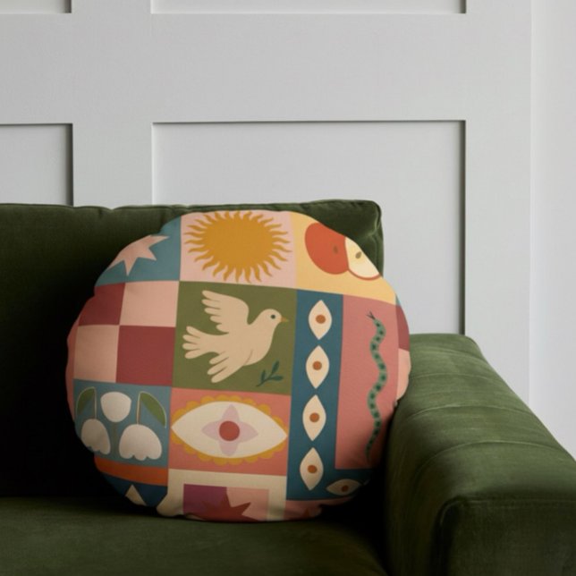 Coussins Ronds Patchwork céleste bohémien avec symboles mystiques (Créateur téléchargé)