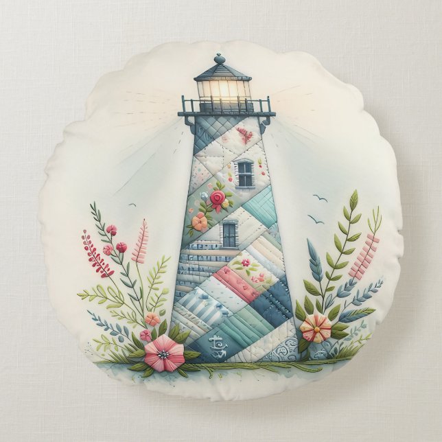 Coussins Ronds Patchwork Lighthouse Coastal Floral Scene (Devant)