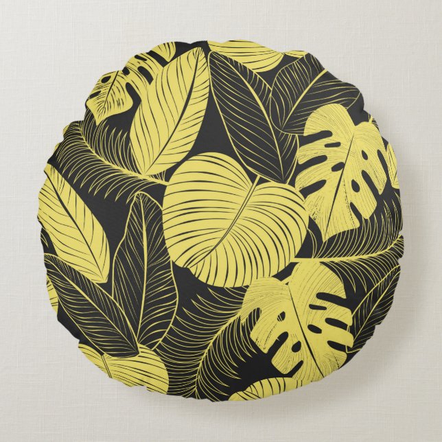 Coussins Ronds Patte Tropicale Noir Jaune Deux Tons (Devant)