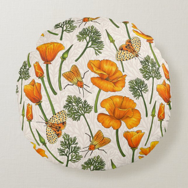 Coussins Ronds Pavot de Californie et papillons de nuit sur blanc (Devant)