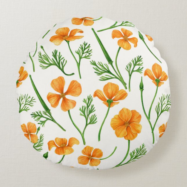 Coussins Ronds Pavot de Californie, fleurs d'été, orange wil (Devant)