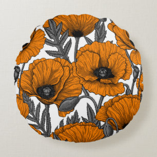 Coussins Ronds Pavot orange sur blanc