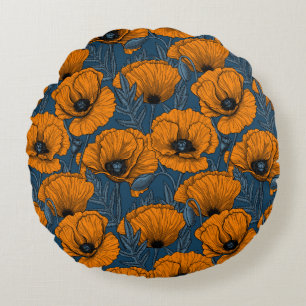 Coussins Ronds Pavot orange sur bleu foncé