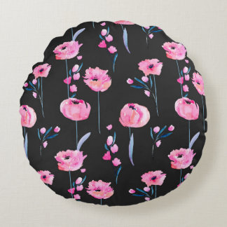 Coussins Ronds Pavot rose aquarelle et branches florales