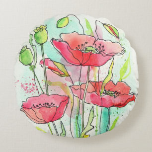 Coussins Ronds Pavots peints d'aquarelle
