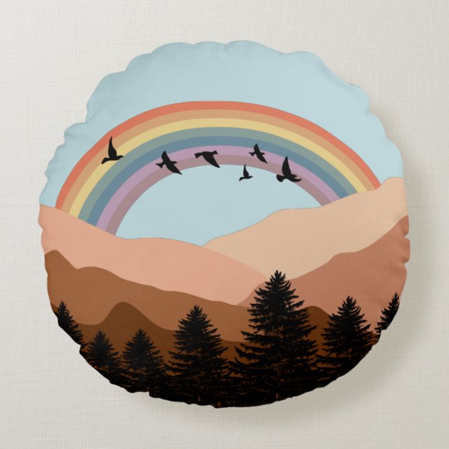 Coussins Ronds Paysage Abstrait Arbres forestiers Arc-en-ciel et  (Devant)
