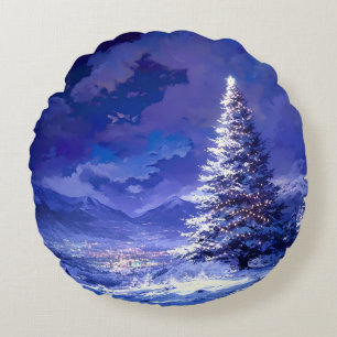 Coussins Ronds Paysage de montagne enneigée avec un arbre de Noël