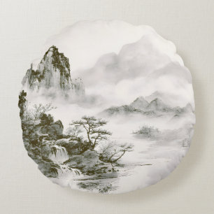 Coussins Ronds Paysage minimaliste de montagne zen à l'encre brum