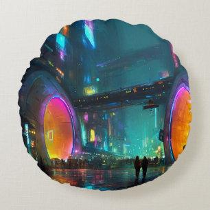 Coussins Ronds Paysage urbain cyberpunk vibrant avec des arches