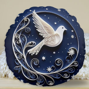 Coussins Ronds Peace Dove Faux Papercraft Oiseau Bleu Noël