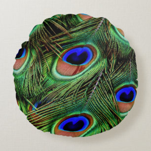 Coussins Ronds Peacock Feathers Close Up Photography Blue Green