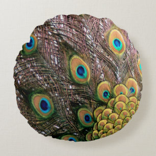 Coussins Ronds Peacock Feathers Emerald Green et Gold